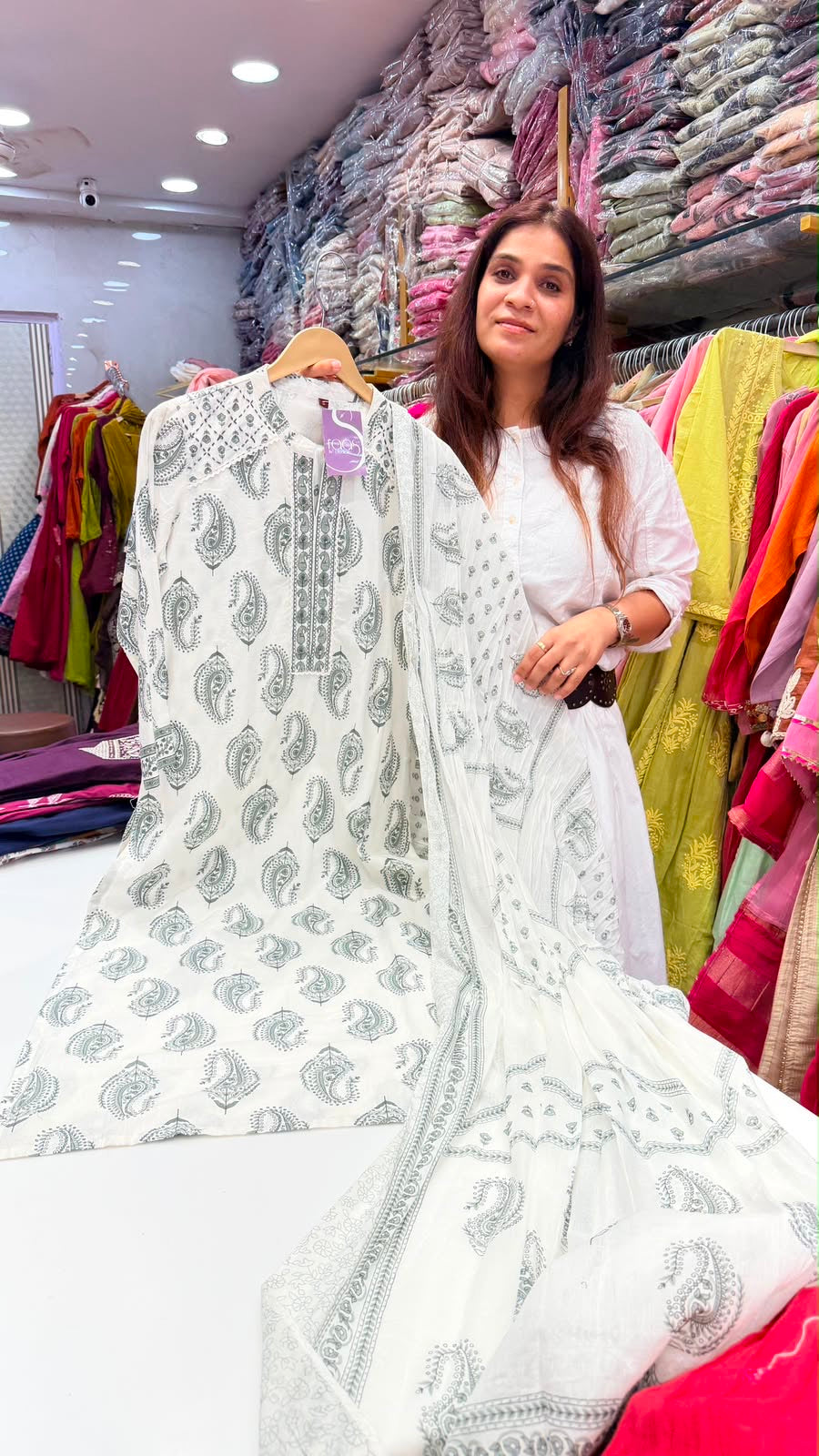 White Paisley Cotton Suit Set