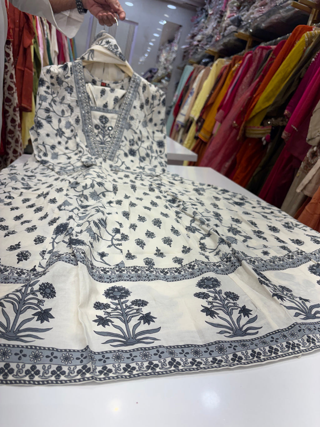 Ink Finds Ivory – Printed Anarkali Suit Set ⭐