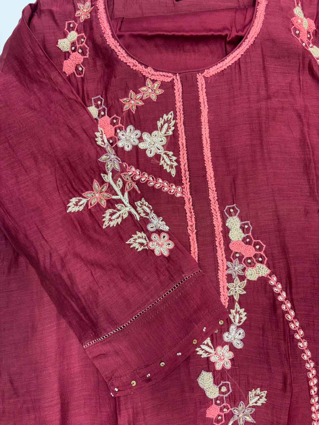 Burgundy in Bloom – Mul Chanderi Luxe Set