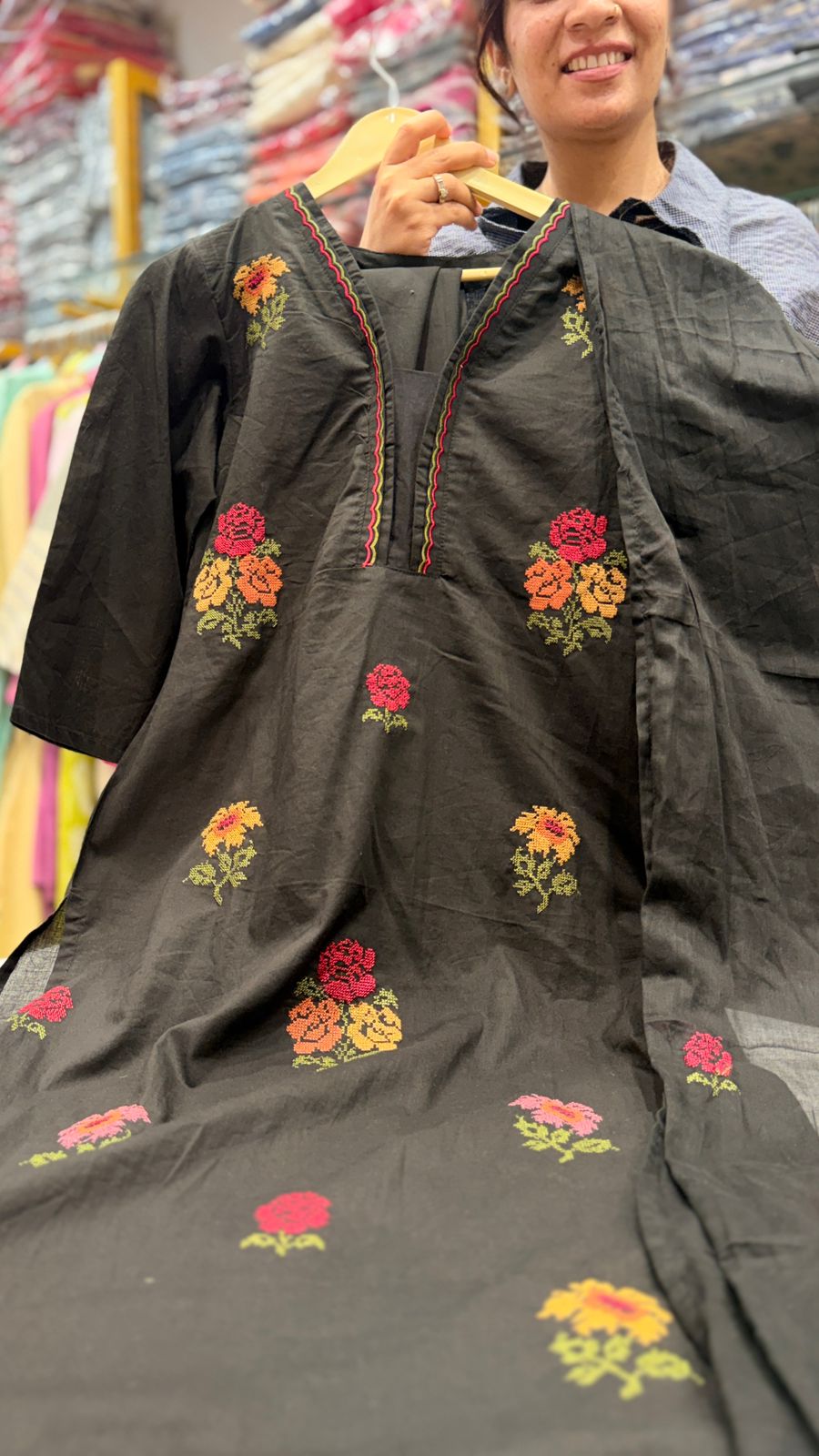 Black Floral Embroidered Suit Set