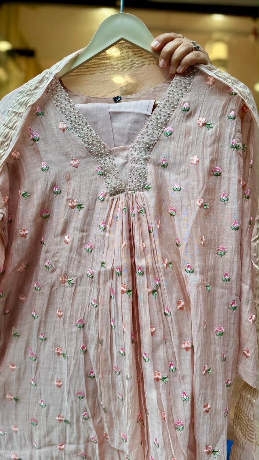 Blush Petal Whisper – Embroidered Mul Chanderi Suit