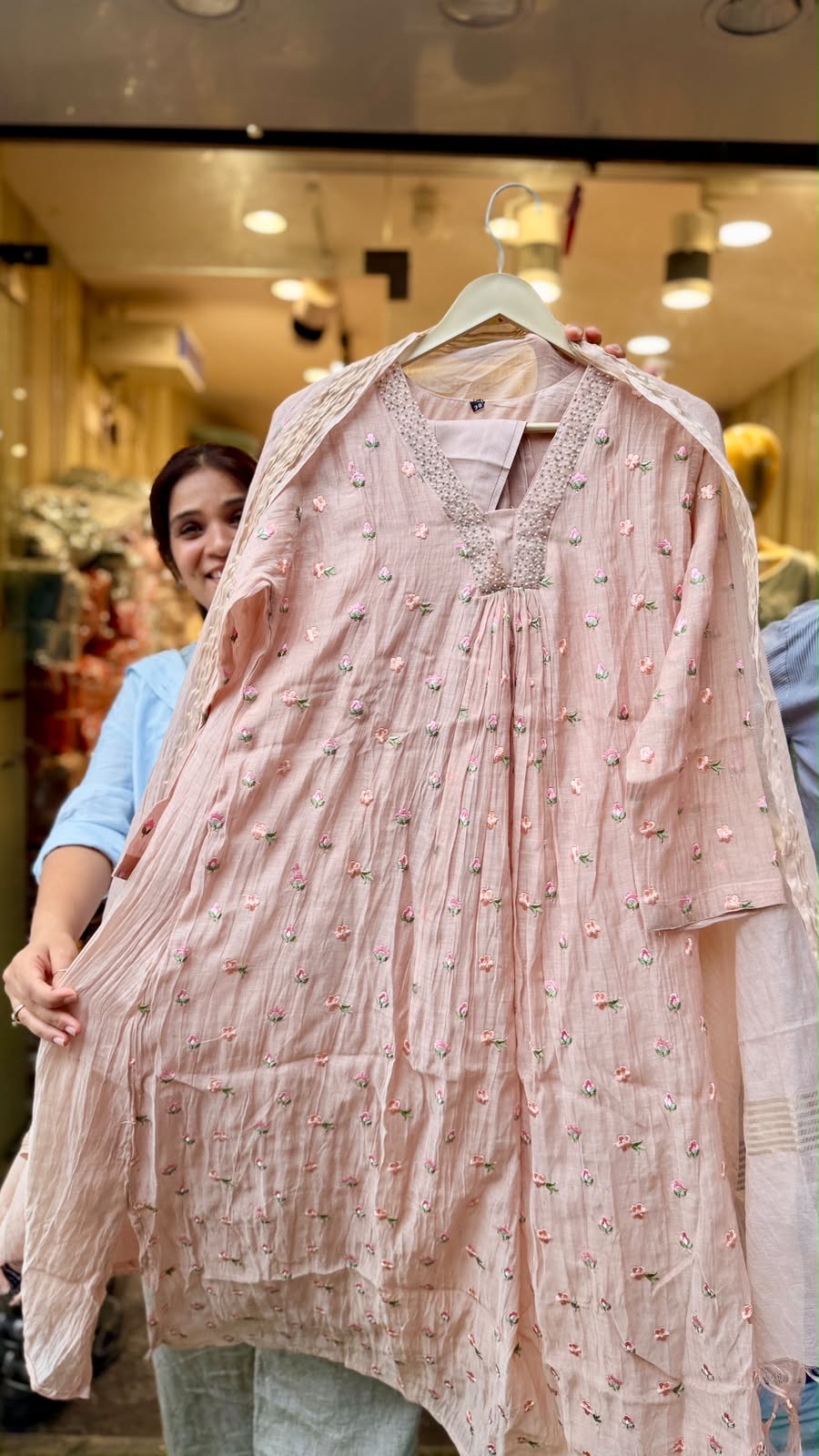Blush Petal Whisper – Embroidered Mul Chanderi Suit