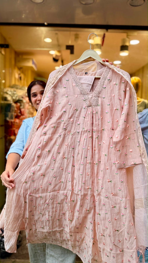 Blush Petal Whisper – Embroidered Mul Chanderi Suit