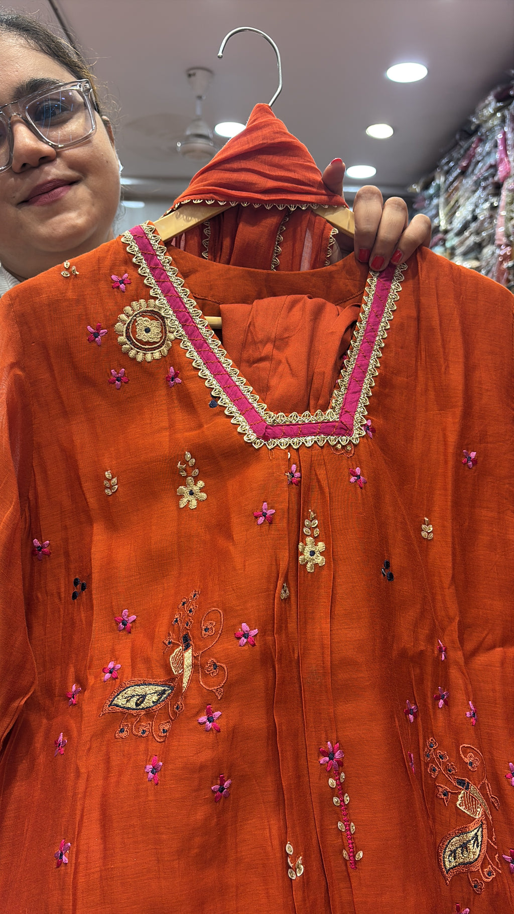 A Little Pink on Rust – Embroidered Mul Chanderi