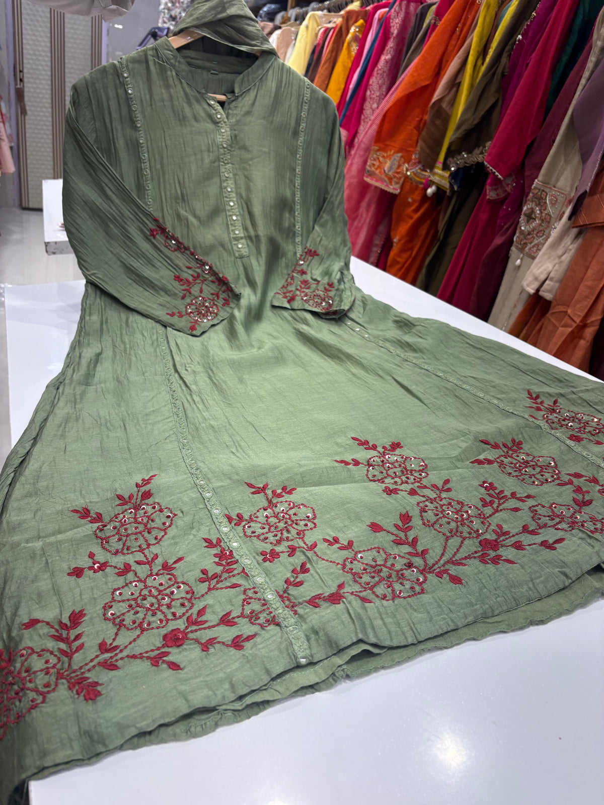Where Olive Meets Crimson – Embroidered Suit Set ⭐