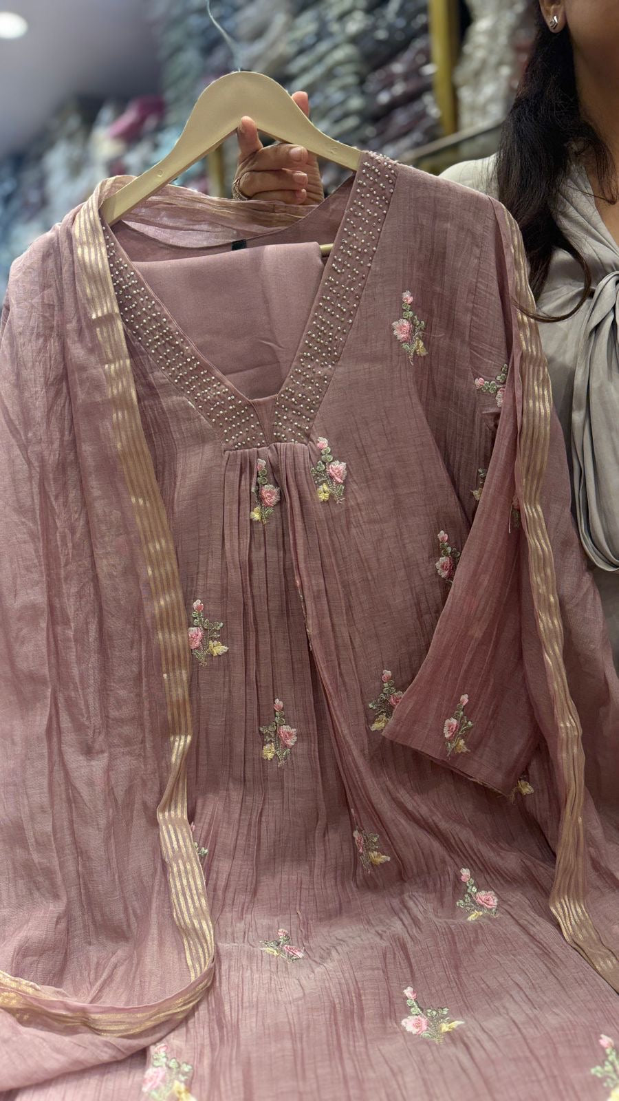 Misted Rose Mul Chanderi Suit Set