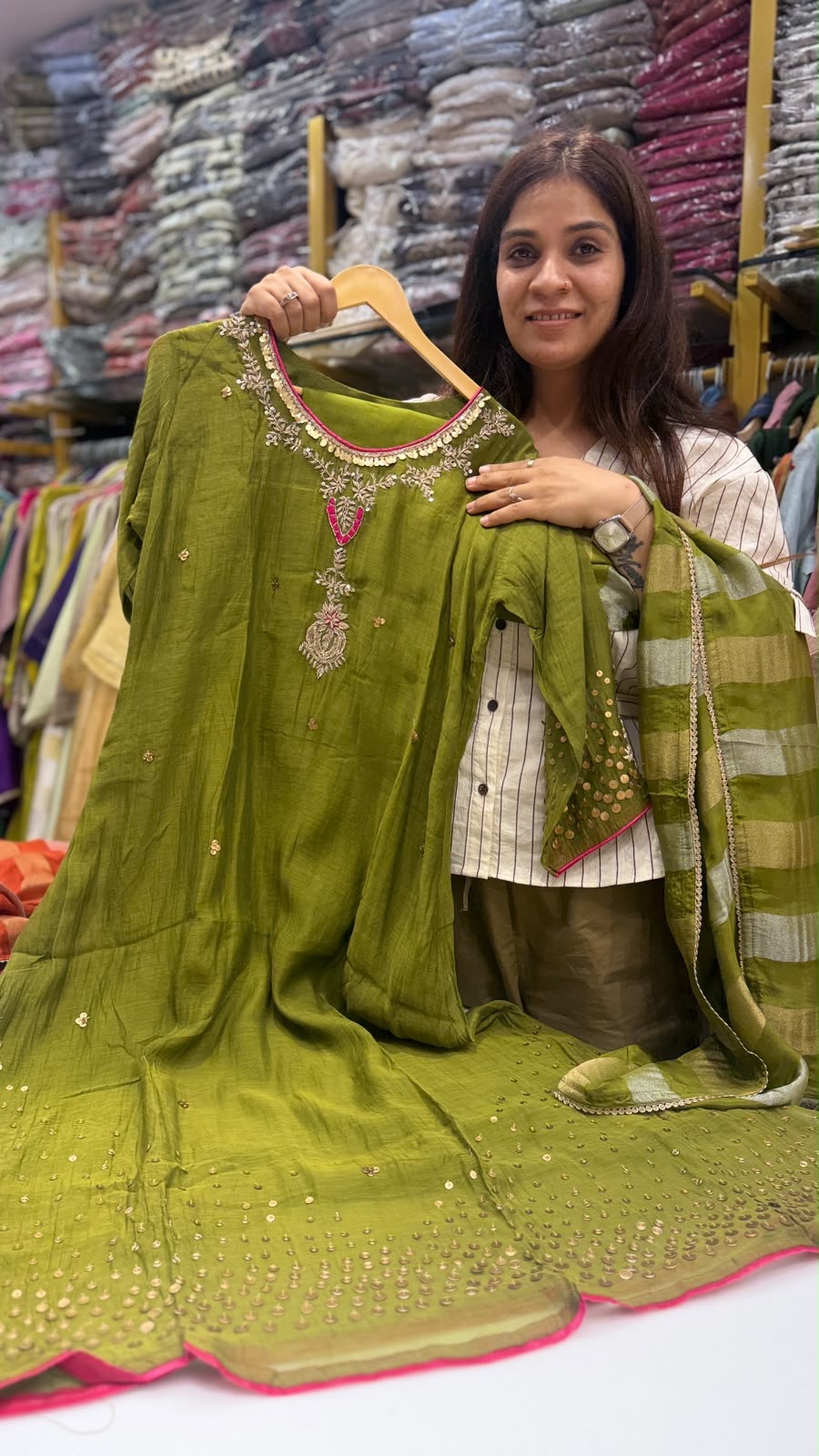 Olive Ember Mul Chanderi Suit Set
