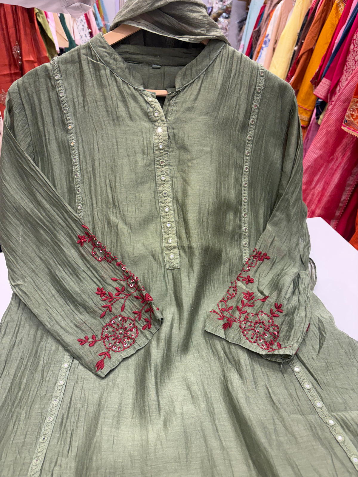 Where Olive Meets Crimson – Embroidered Suit Set ⭐