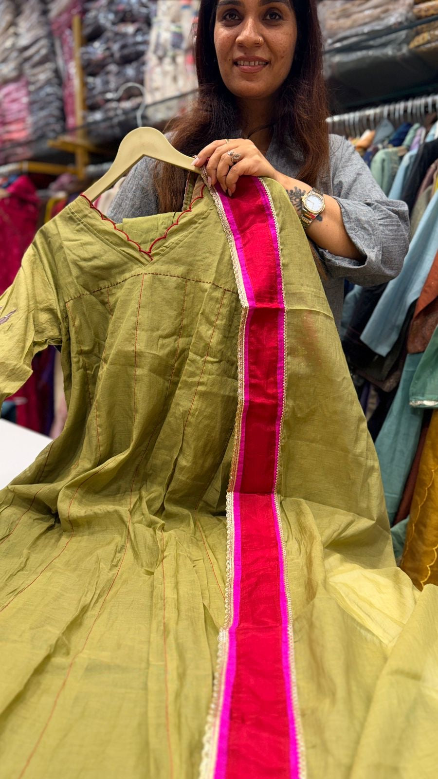 Olive Luxe Mul Chanderi Suit Set