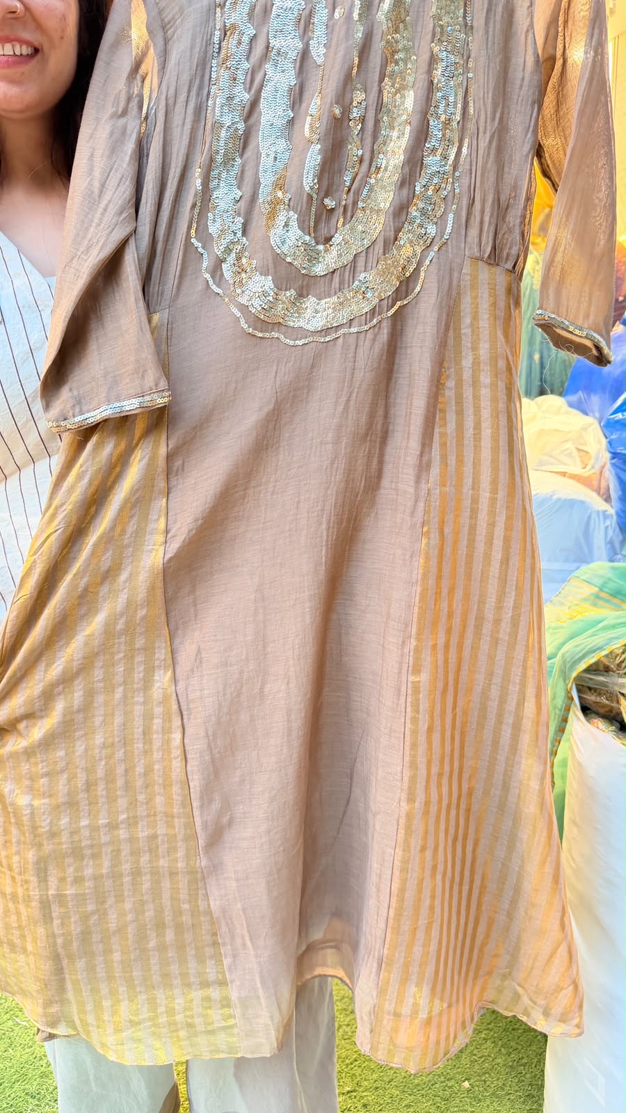 Seafoam Gold / Mocha Gold Mul Chanderi Suit Set