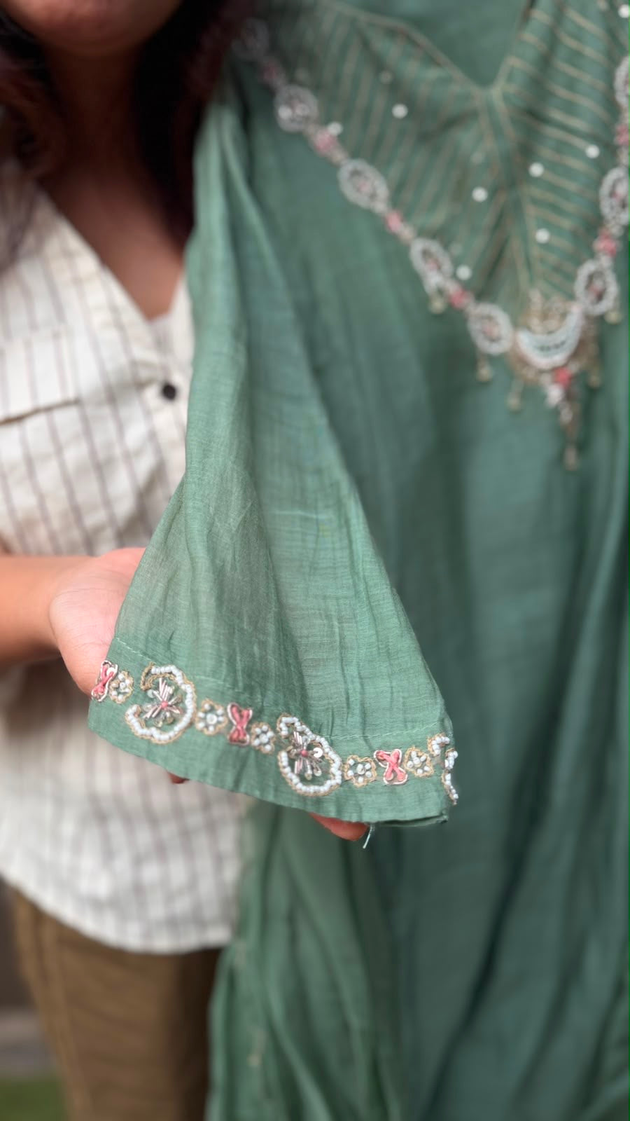 Verdigris Reverie – Hand-Embellished Mul Chanderi