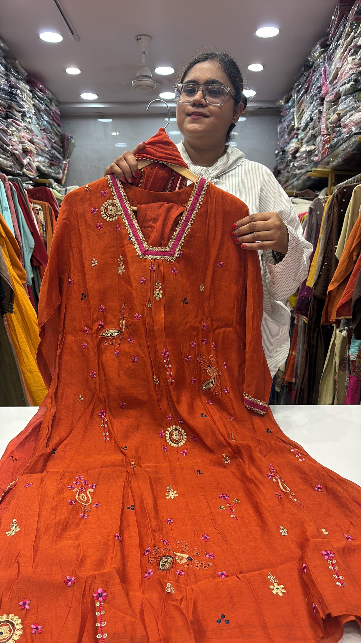 A Little Pink on Rust – Embroidered Mul Chanderi