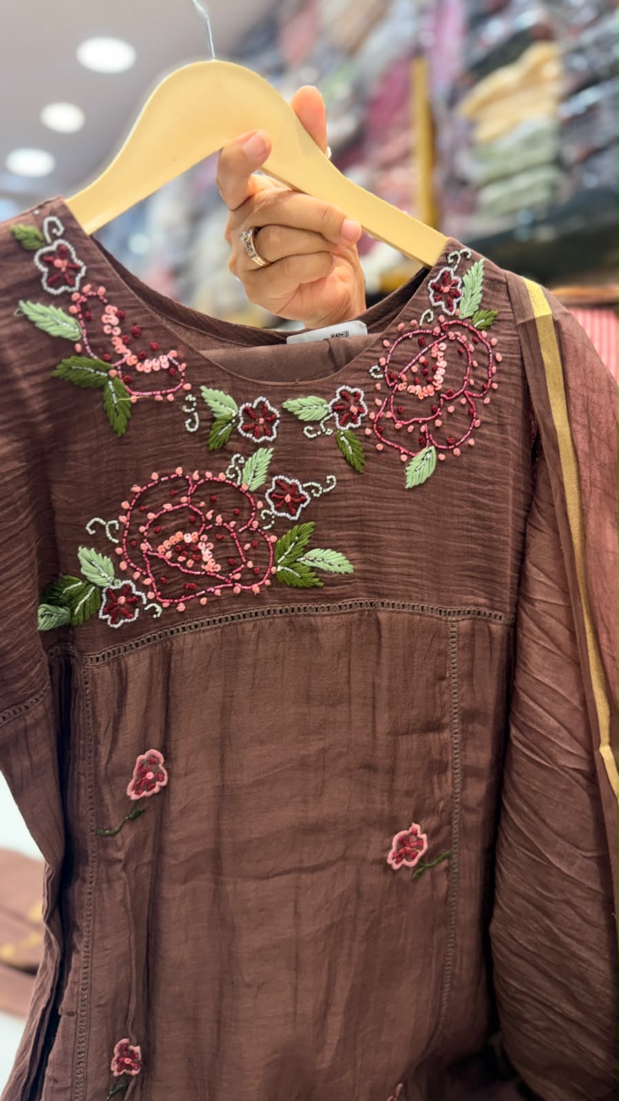 Mocha Petals Mul Chanderi Suit Set