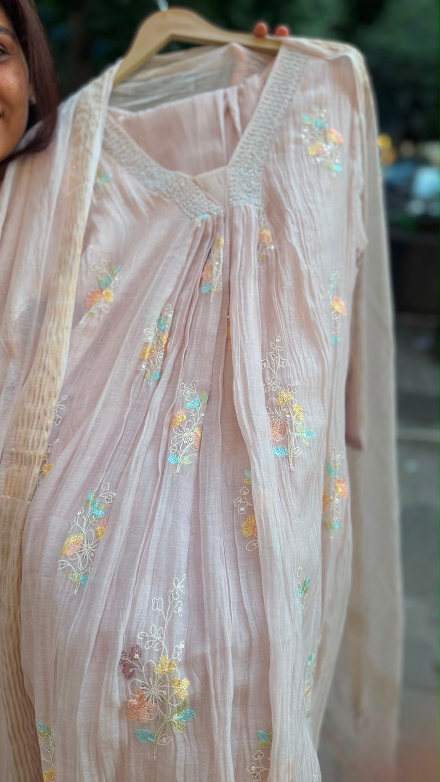 Pastel Blush Mul Chanderi Embroidered Suit Set