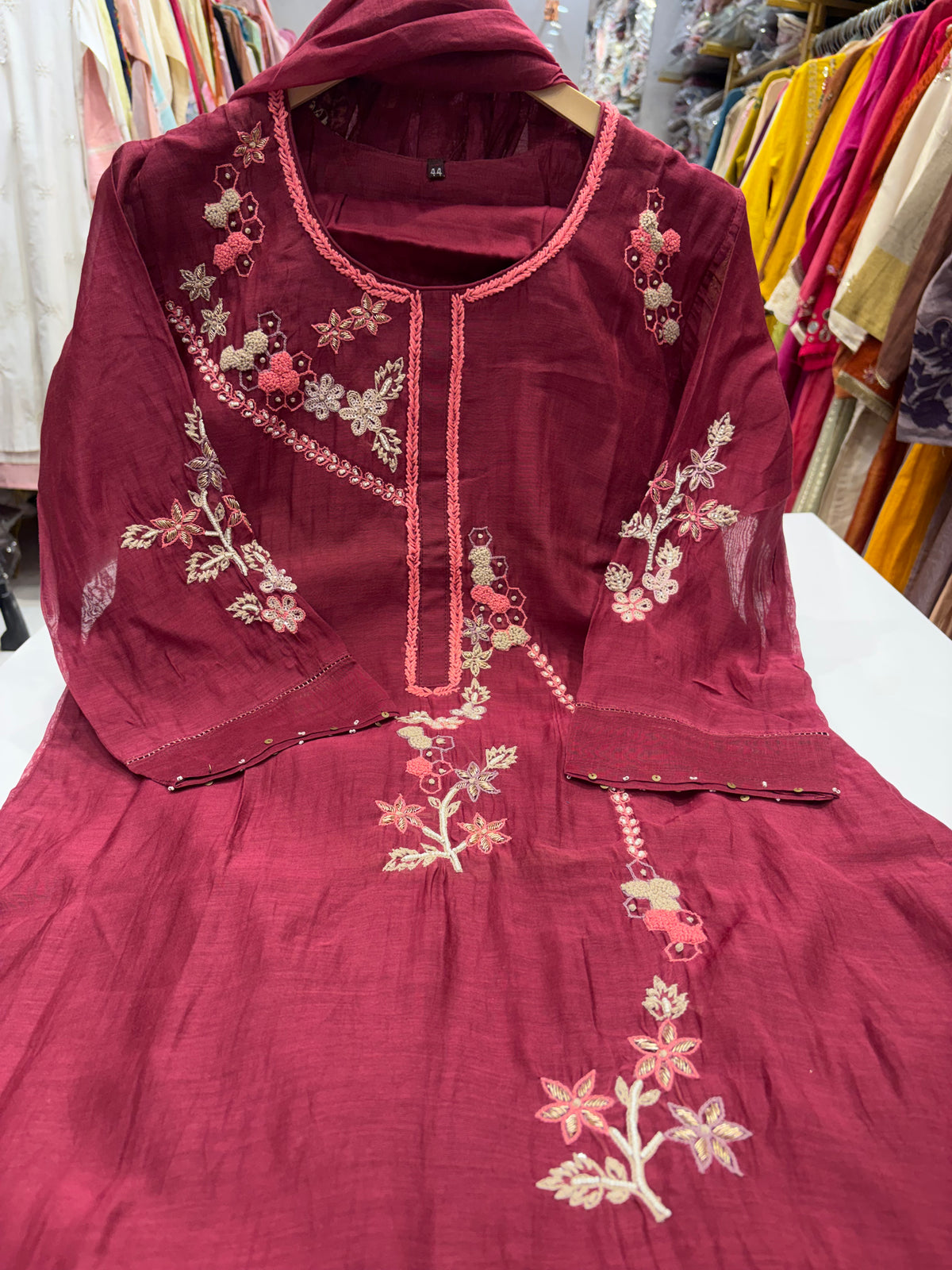 Burgundy in Bloom – Mul Chanderi Luxe Set