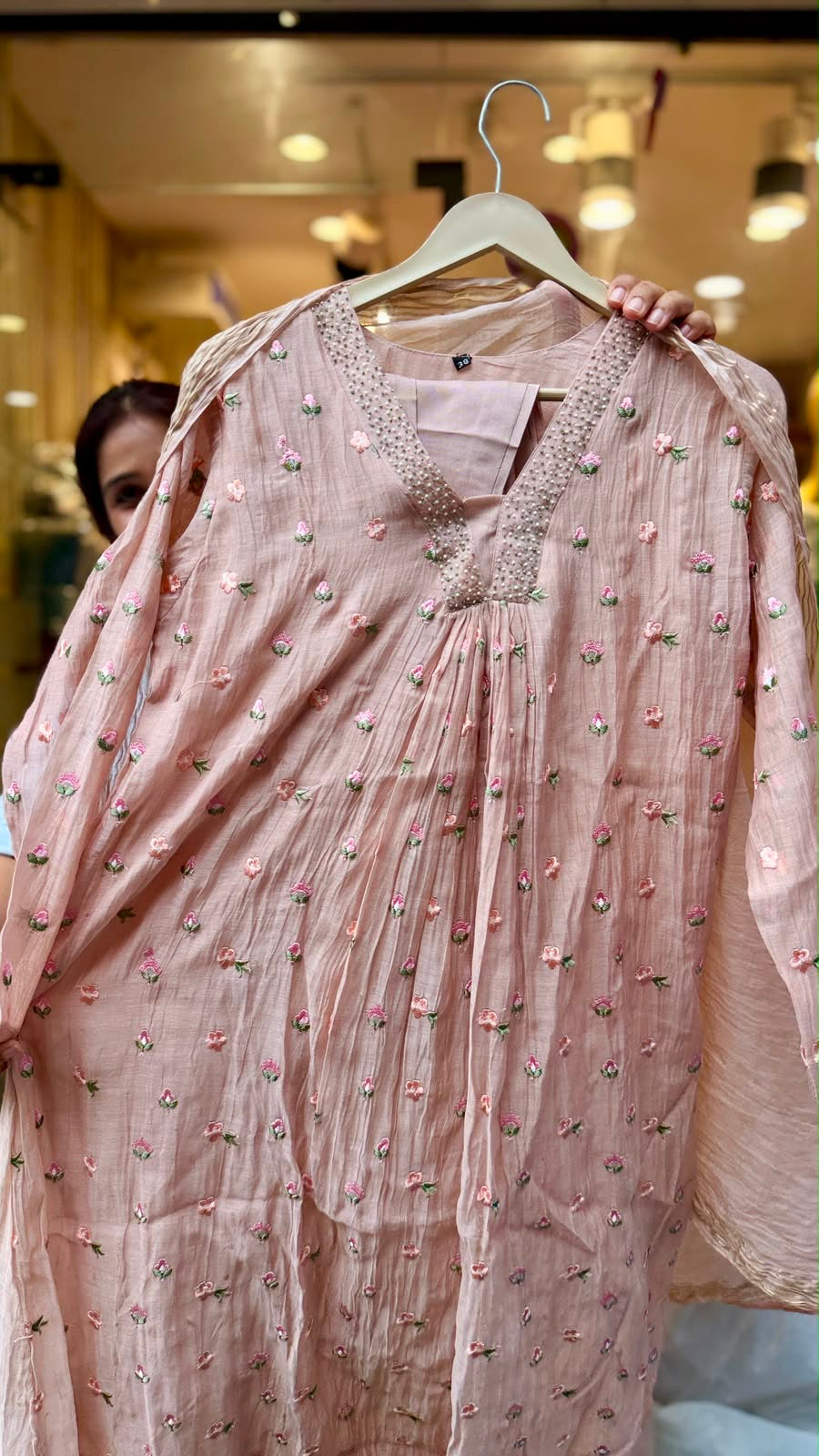 Blush Petal Whisper – Embroidered Mul Chanderi Suit