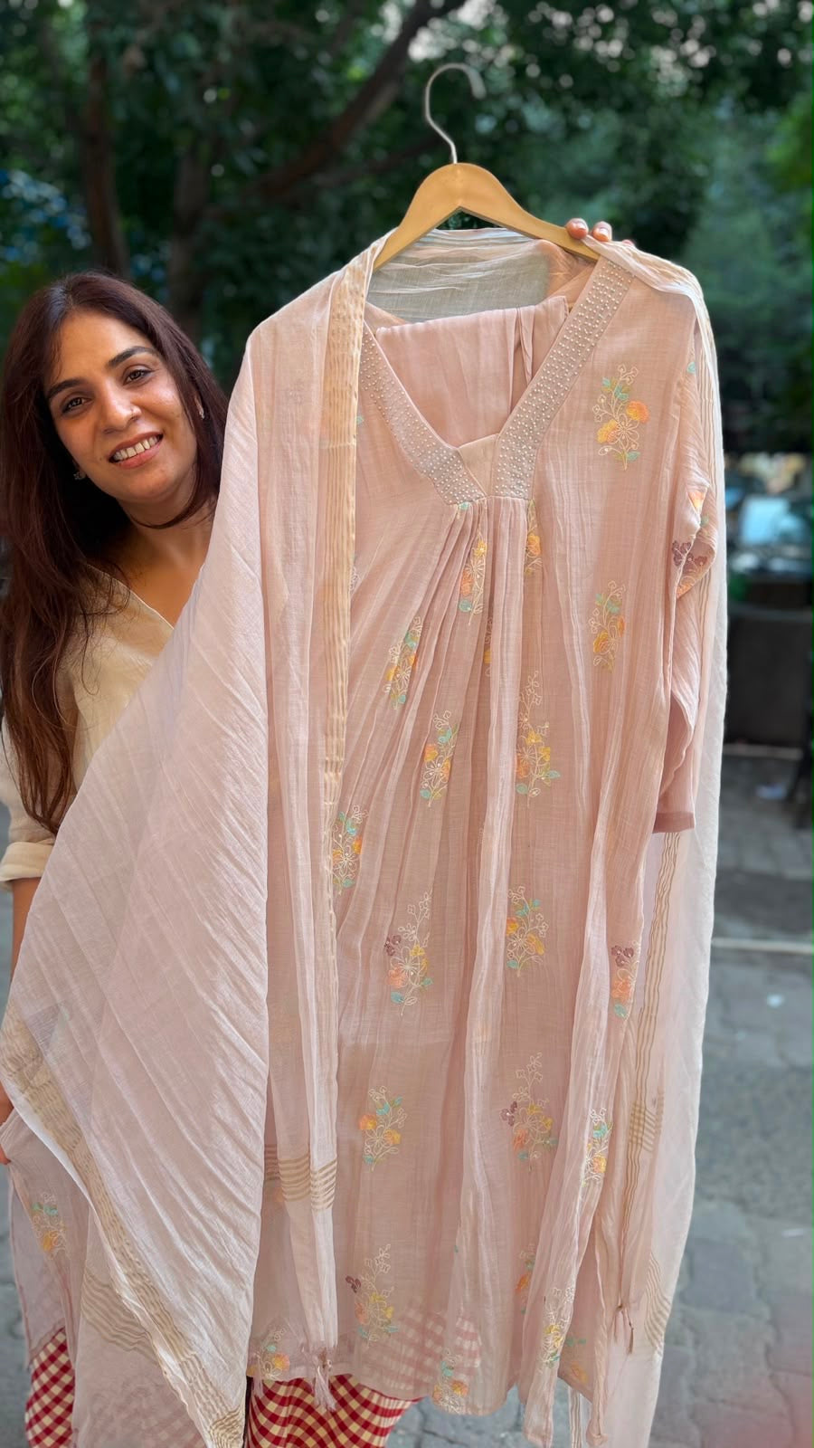 Pastel Blush Mul Chanderi Embroidered Suit Set
