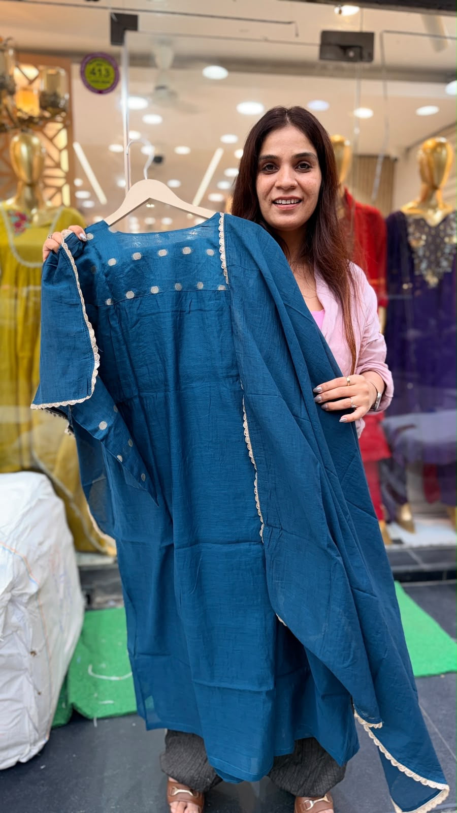 Blue, Precisely – Mul Chanderi Suit Set