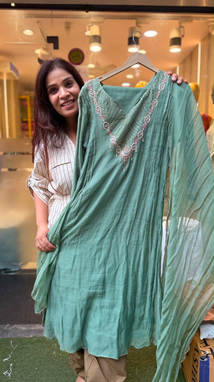 Verdigris Reverie – Hand-Embellished Mul Chanderi