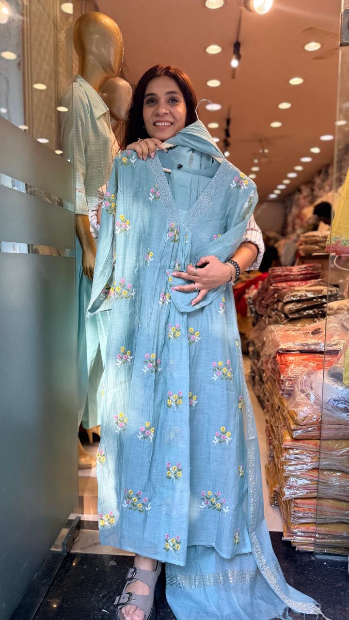 Sky Affair Mul Chanderi Suit Set