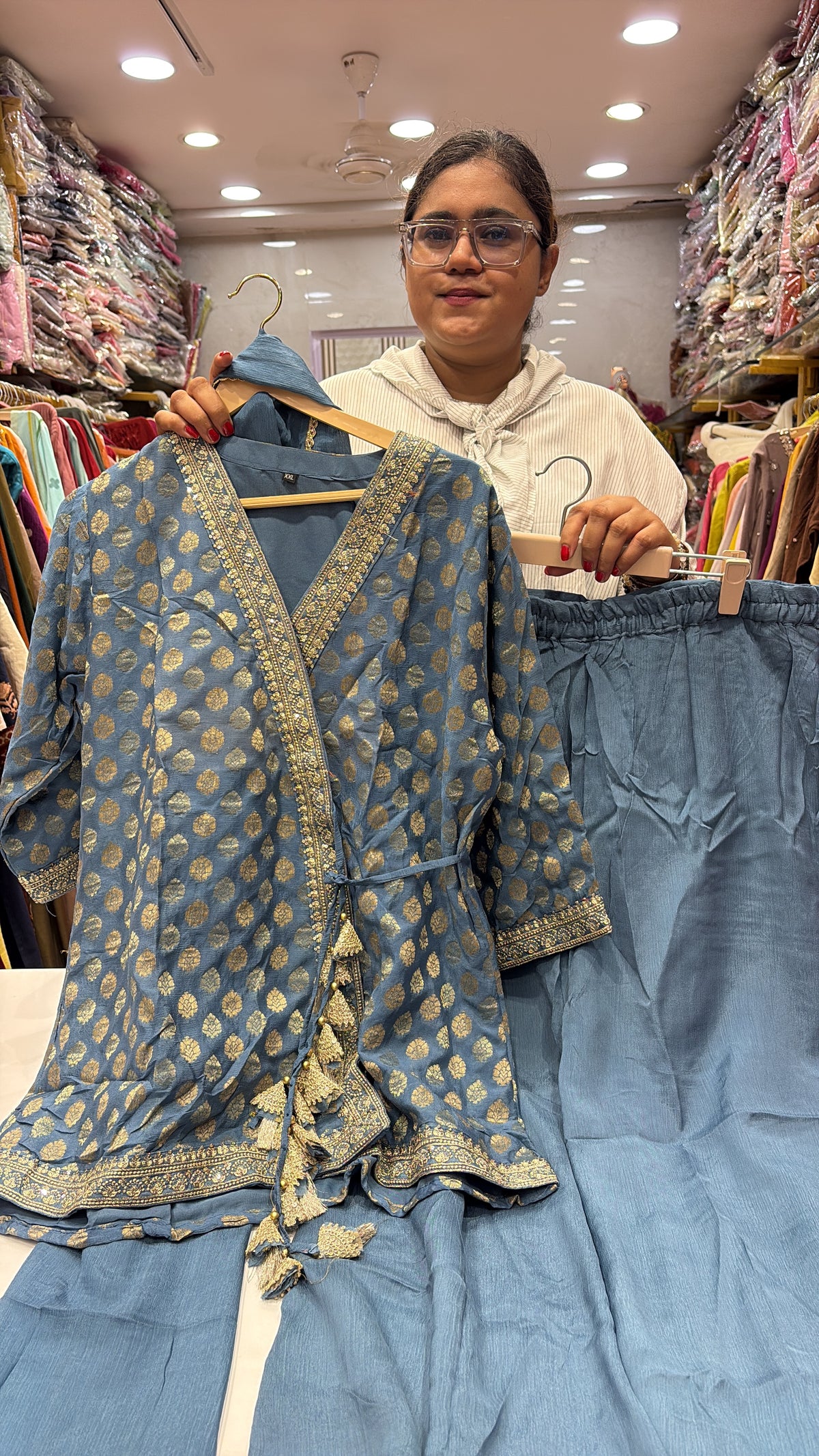 Blue, Tied in Gold – Mul Chanderi Co-ord Set
