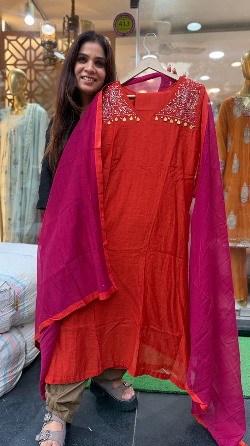 Between Rust & Rani – Mul Chanderi Suit Set