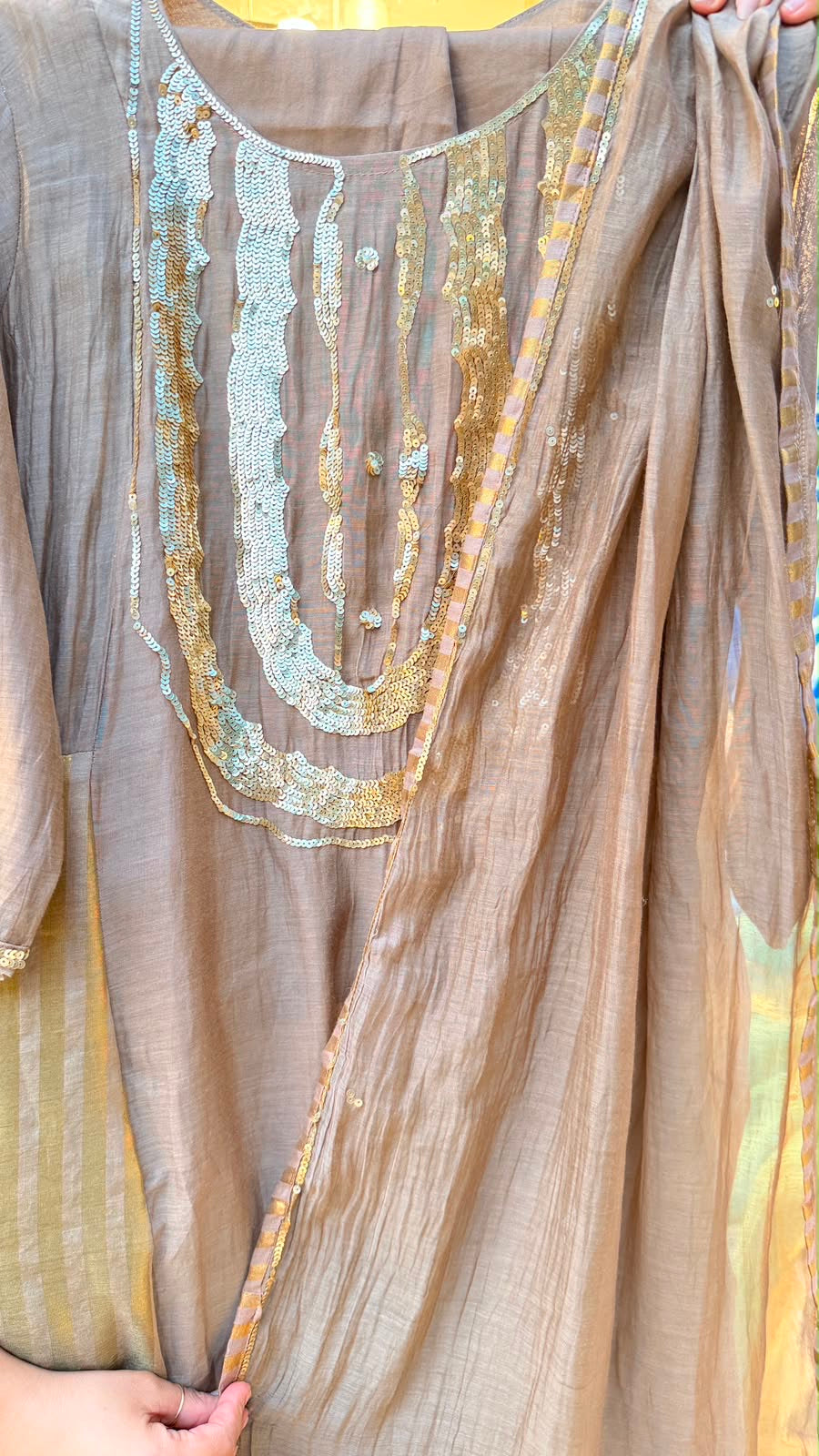 Seafoam Gold / Mocha Gold Mul Chanderi Suit Set