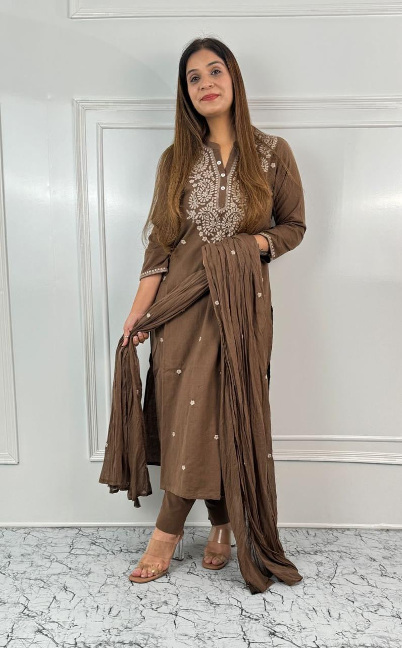 Mocha Grace Embroidered Suit Set