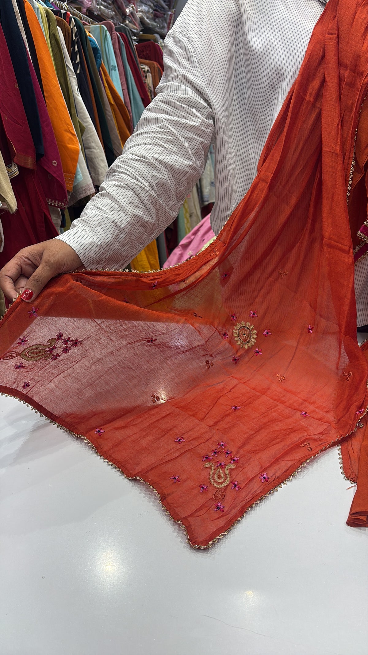 A Little Pink on Rust – Embroidered Mul Chanderi