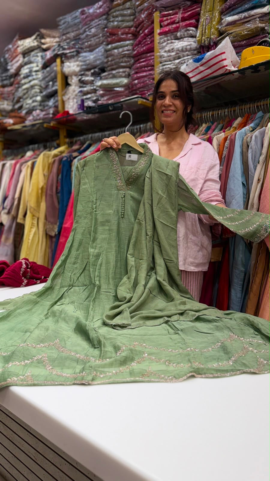 Celadon Constellation Mul Chanderi Suit Set