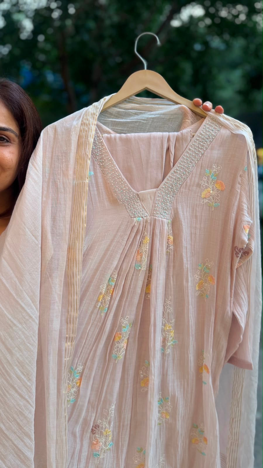 Pastel Blush Mul Chanderi Embroidered Suit Set
