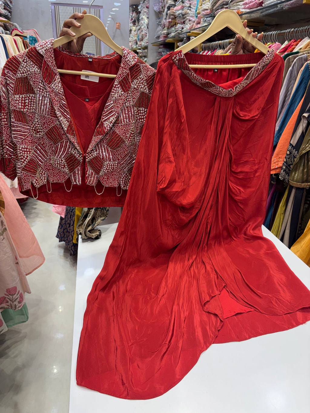 Crimson Beyond Ordinary – Luxury Dhoti Skirt Set { Limited Edition }