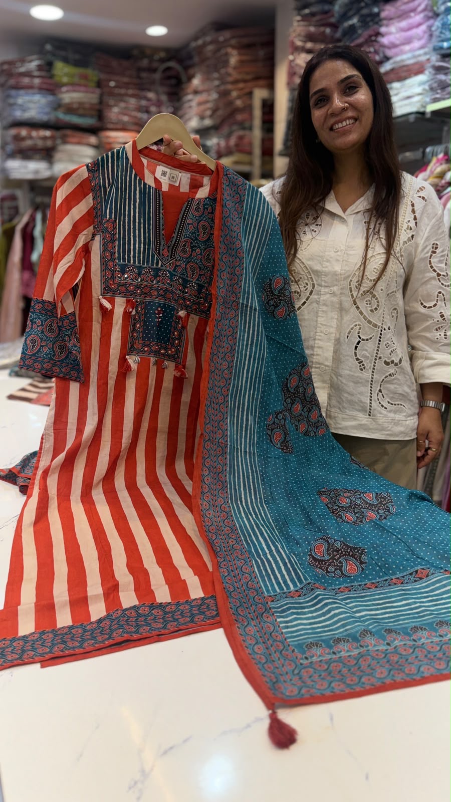 When Stripes Met Ajrakh – Printed Suit Set