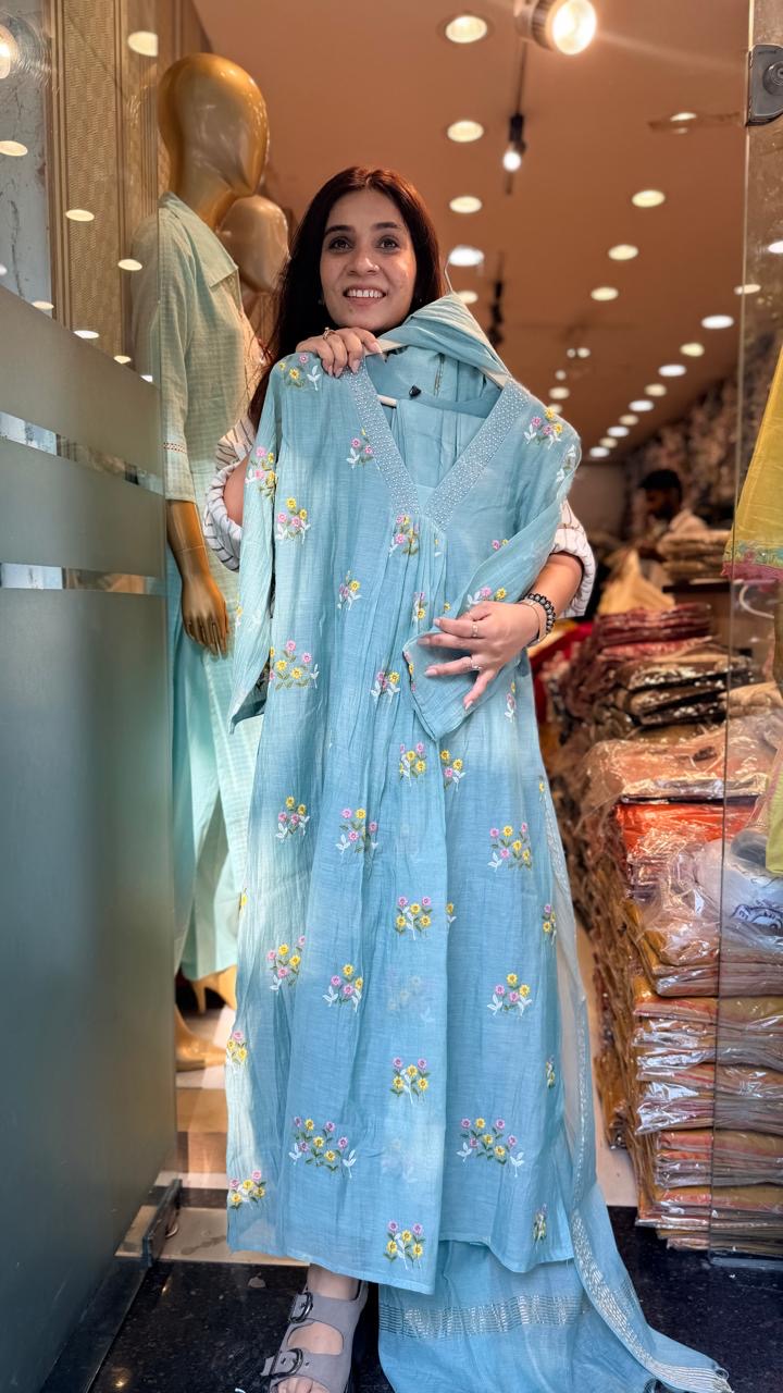 Sky Affair Mul Chanderi Suit Set