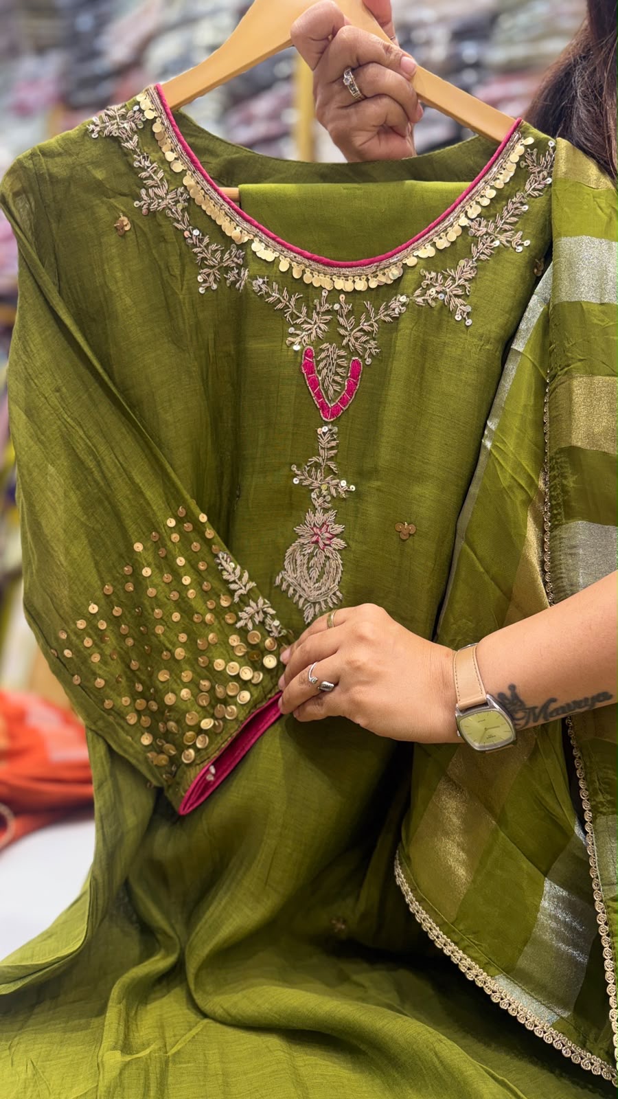 Olive Ember Mul Chanderi Suit Set