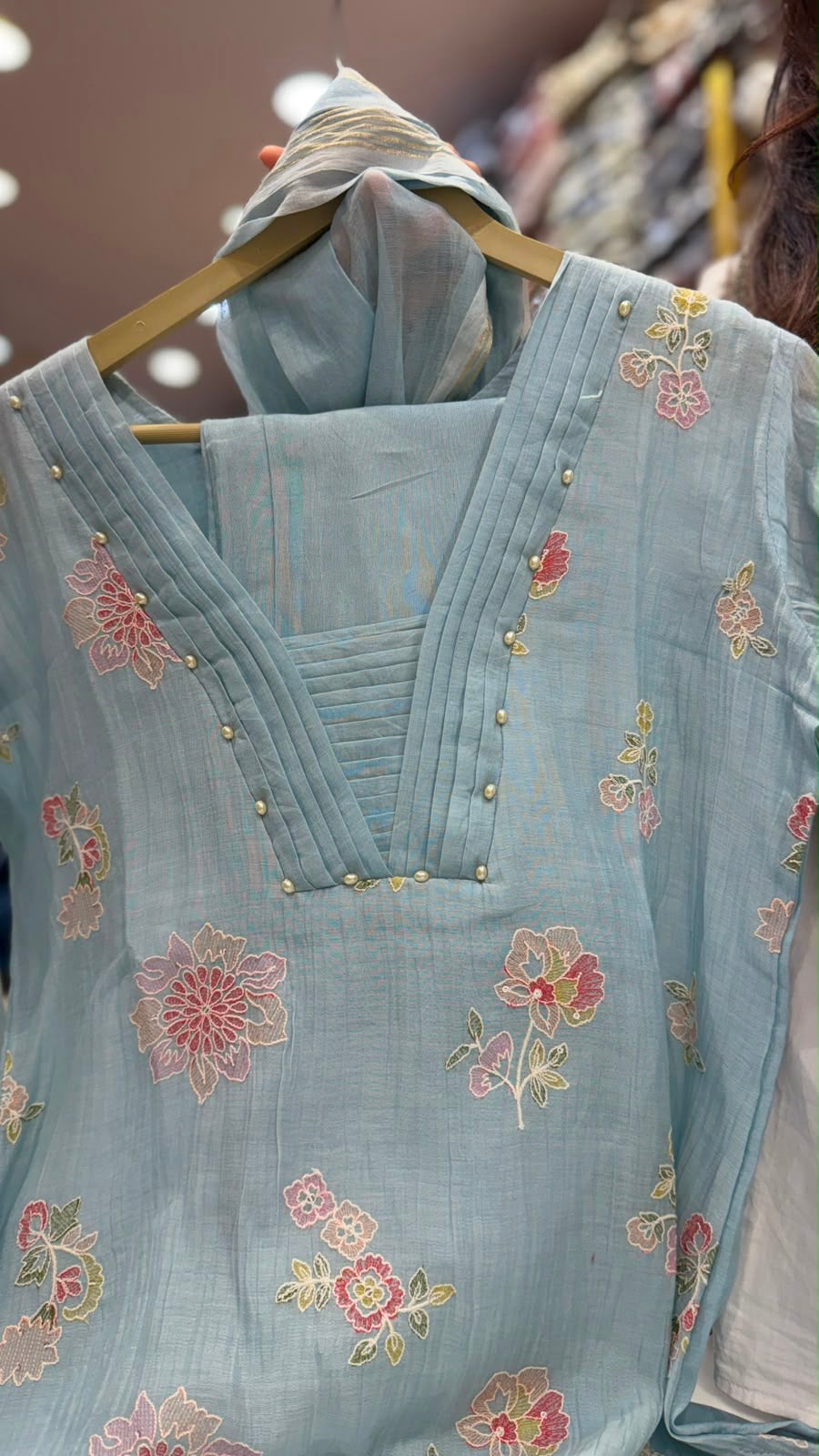 Petal Mist Embroidered Mul Chanderi Suit Set