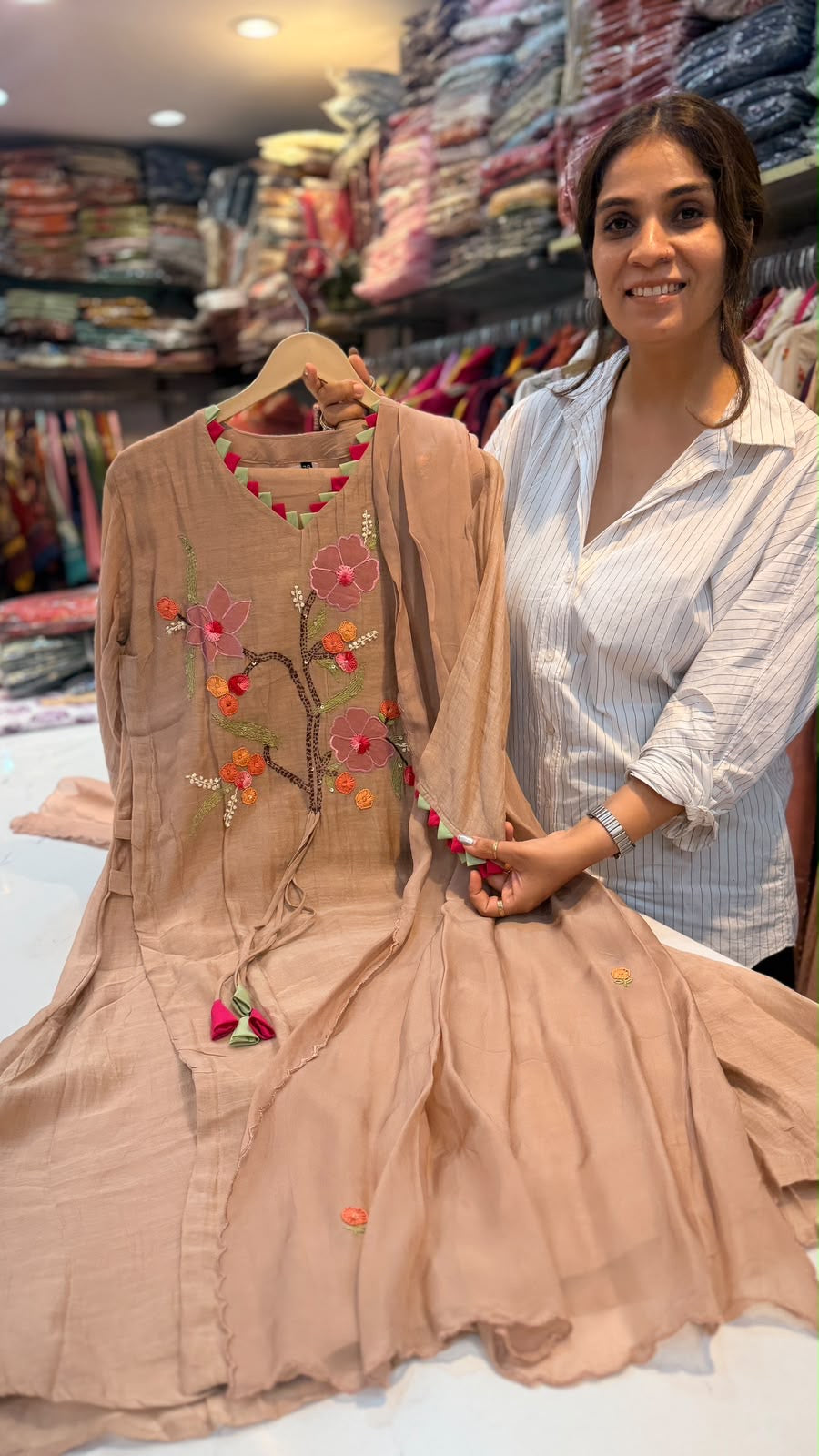 The Blooming Contrast – Double Layer Mul Chanderi Suit Set ⭐