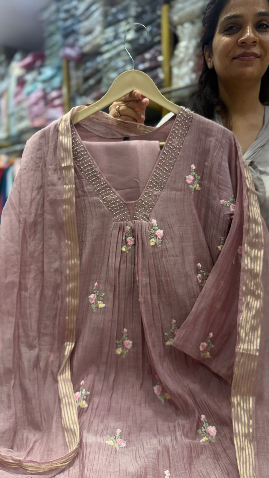 Misted Rose Mul Chanderi Suit Set