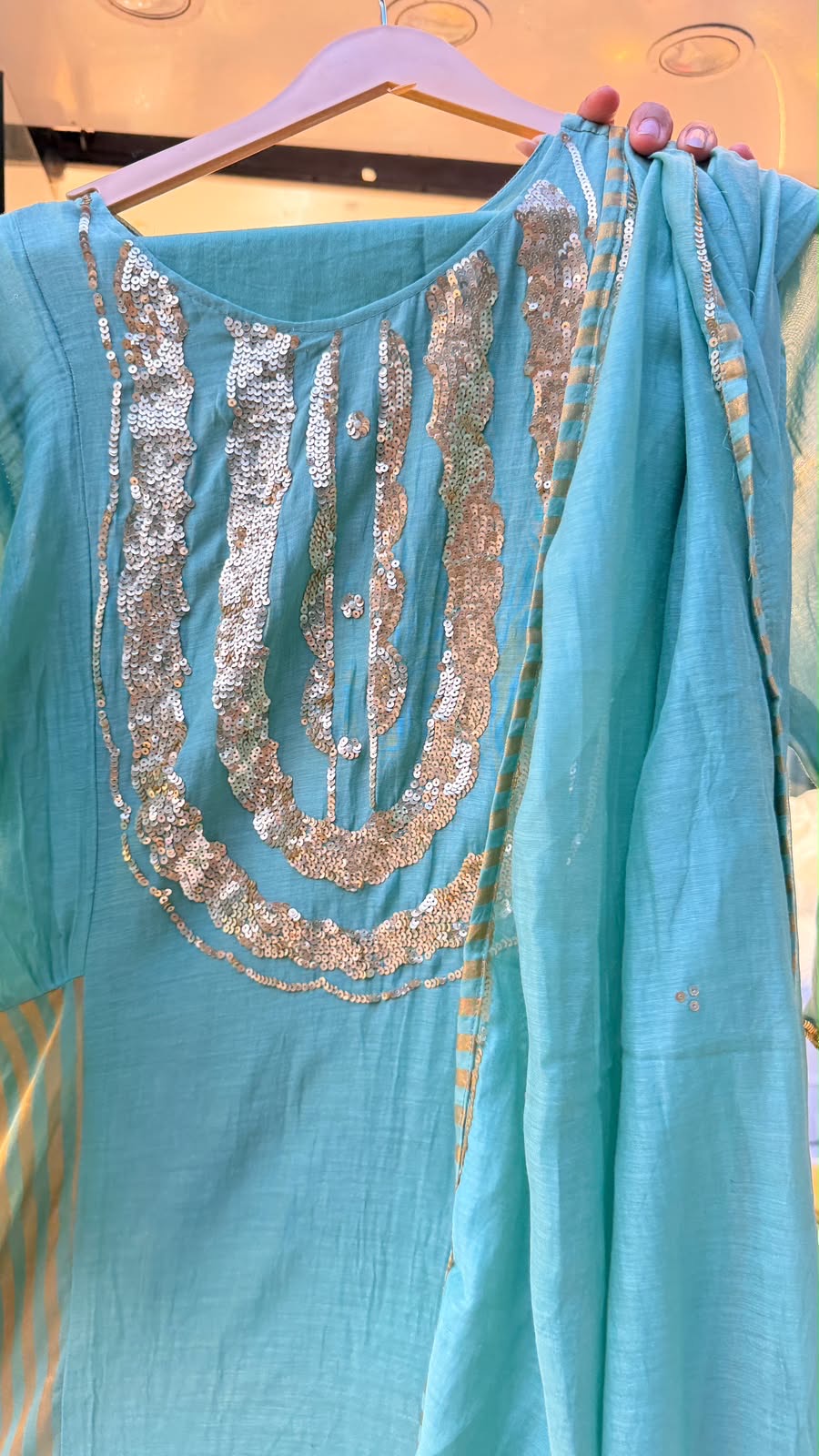 Seafoam Gold / Mocha Gold Mul Chanderi Suit Set