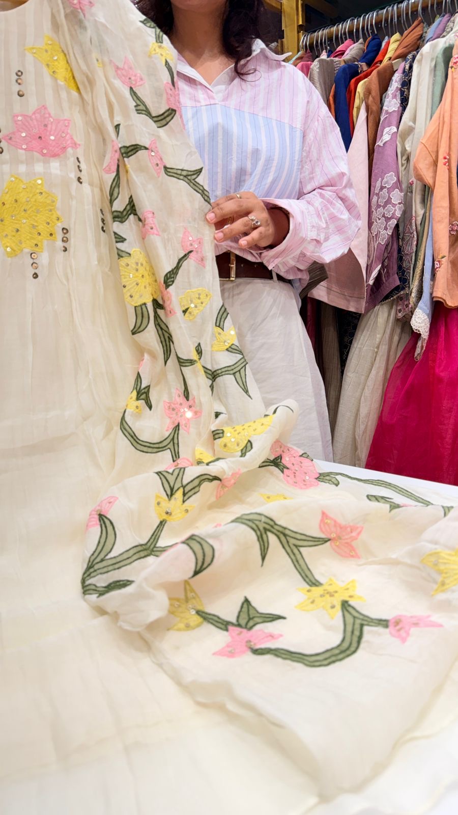 Petal Gleam Ivory Mul Chanderi