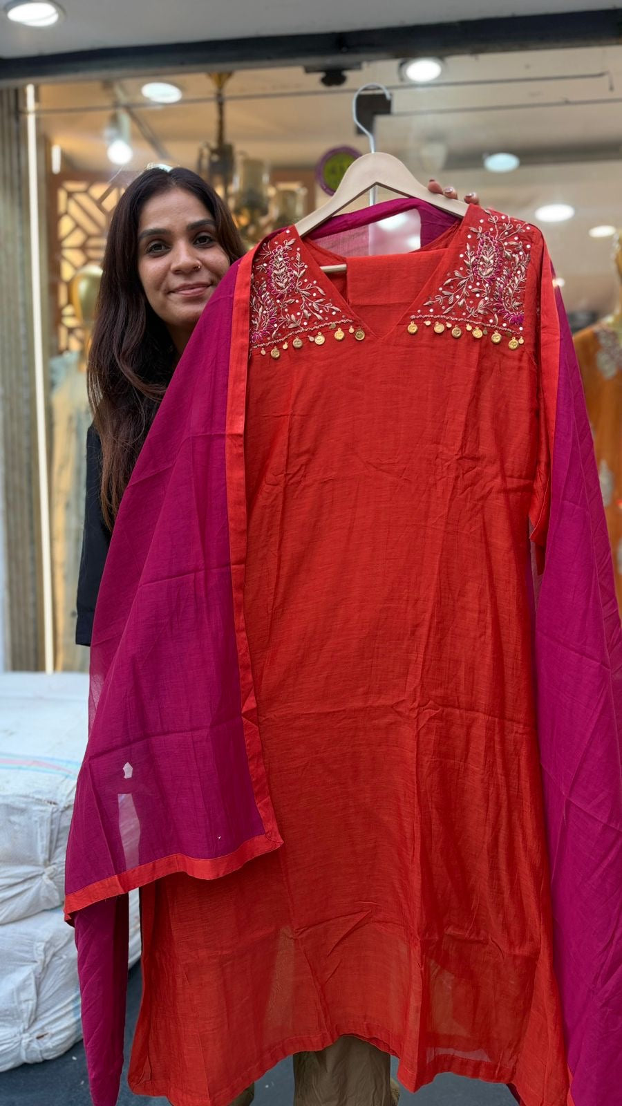 Between Rust & Rani – Mul Chanderi Suit Set