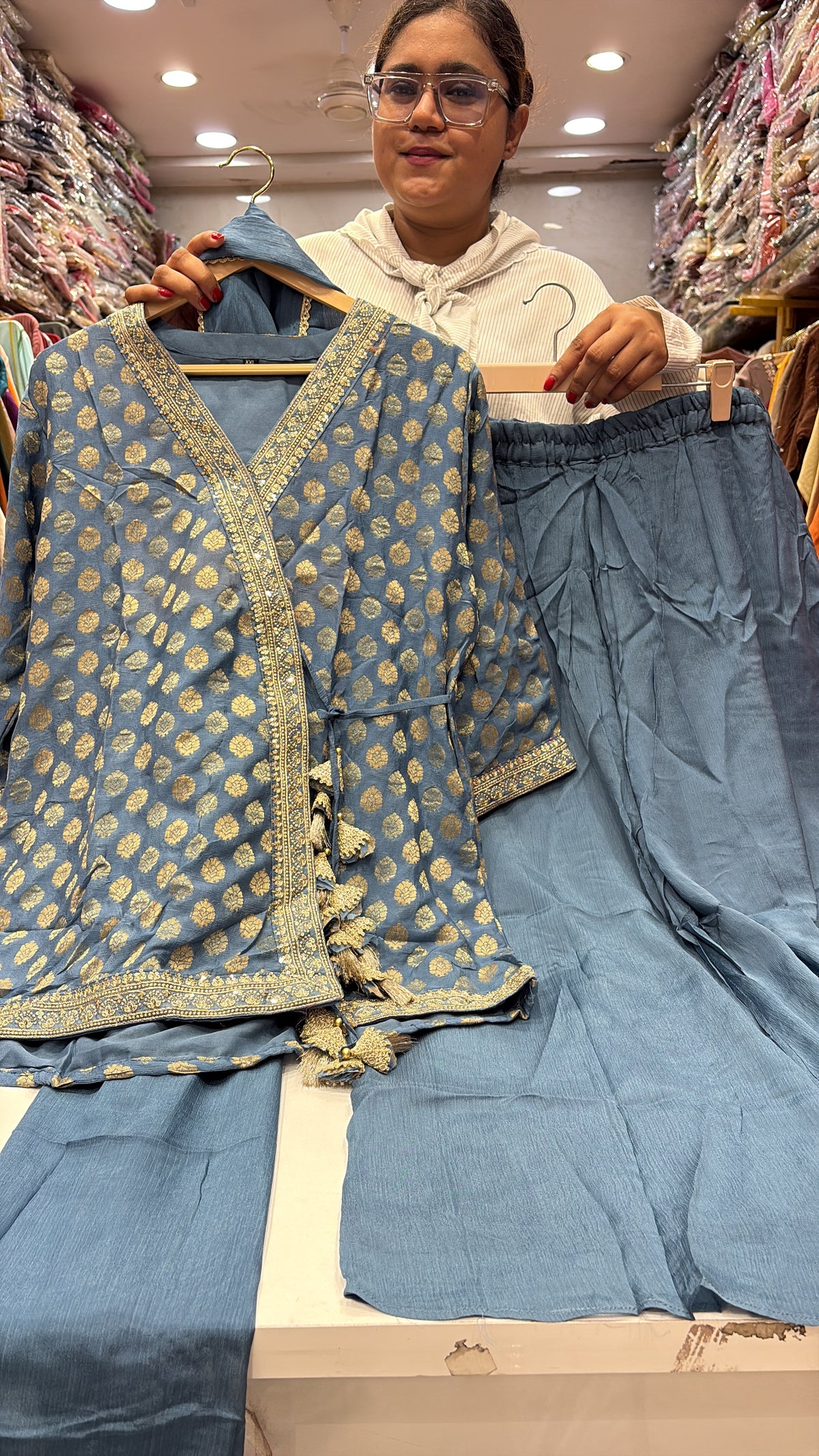 Blue, Tied in Gold – Mul Chanderi Co-ord Set