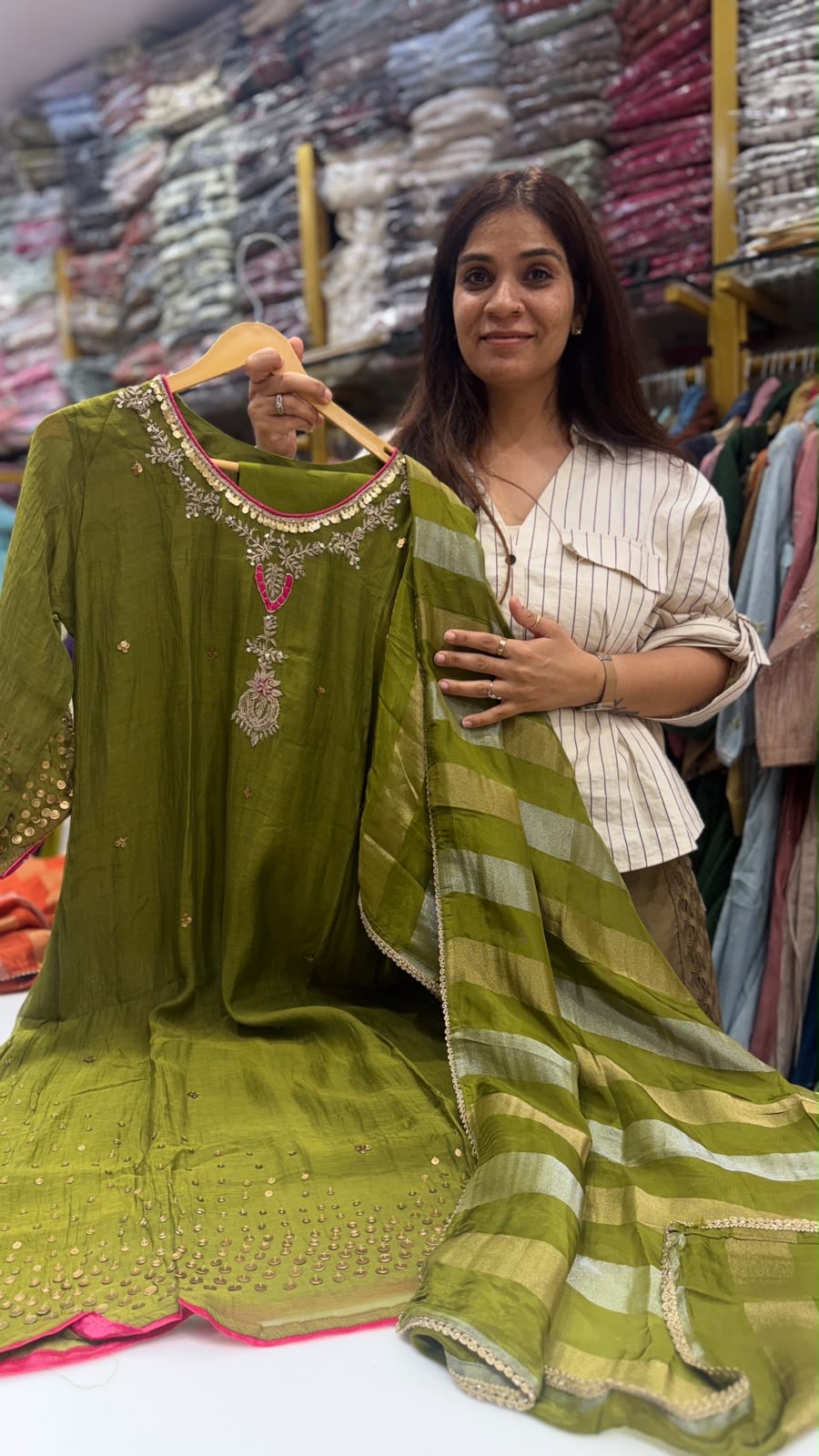 Olive Ember Mul Chanderi Suit Set