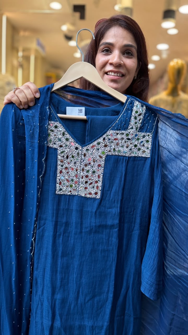 Azure Heirloom Mirror Mul Chanderi Suit
