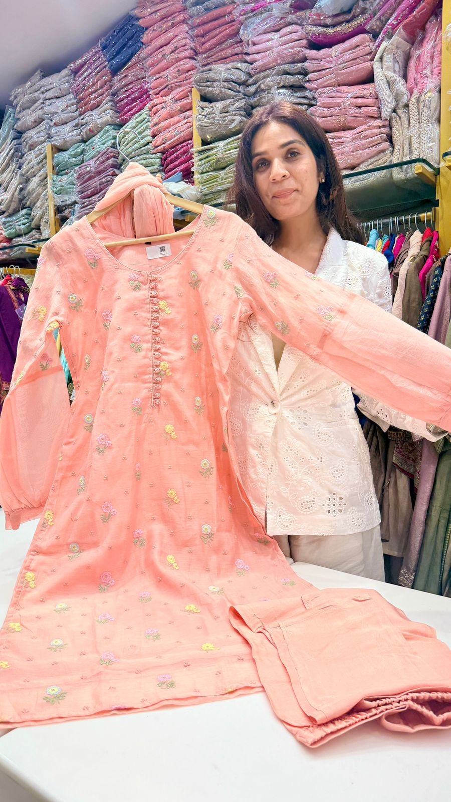 Peach Blossom Mul Chanderi Suit Set