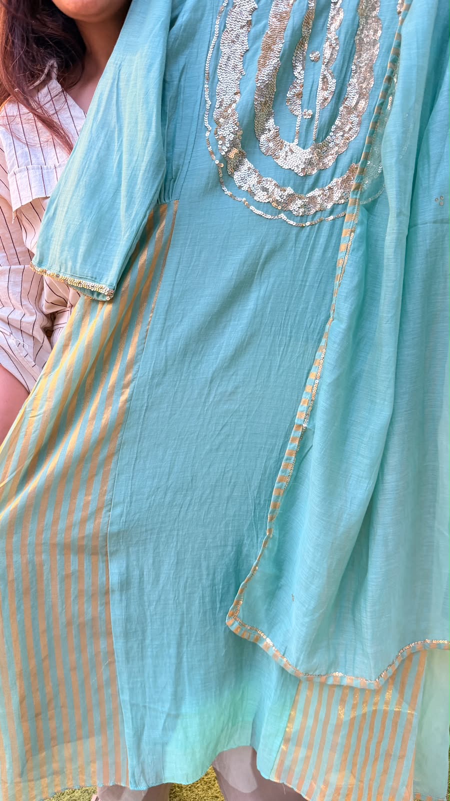 Seafoam Gold / Mocha Gold Mul Chanderi Suit Set