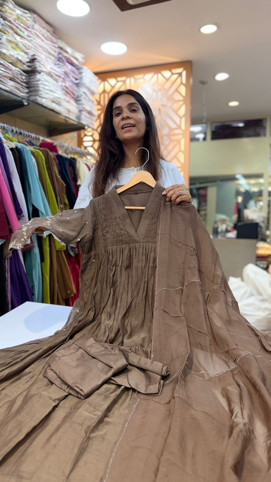 Olive Mocha / Grace Ivory Mul Chanderi Suit Set