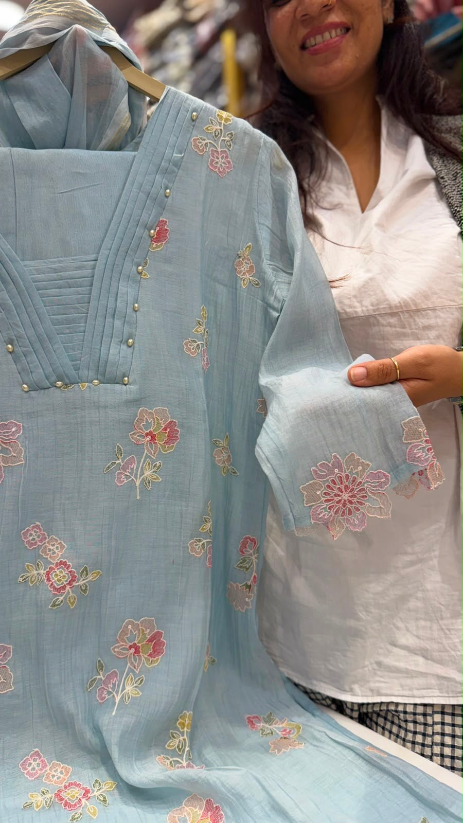 Petal Mist Embroidered Mul Chanderi Suit Set