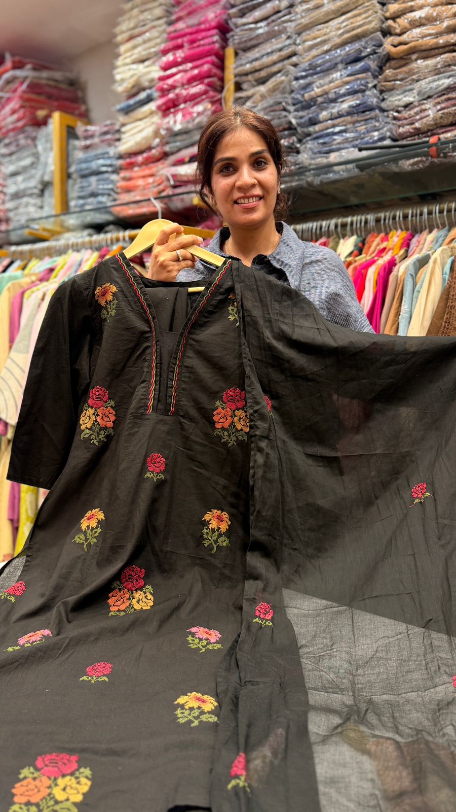 Black Floral Embroidered Suit Set