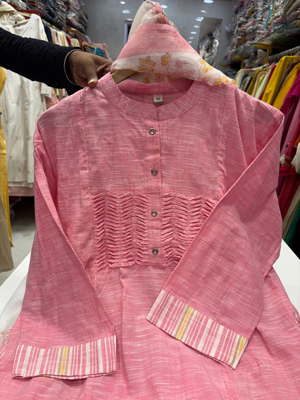 The Pleated Poetry – Handloom Suit Set with Kota Dupatta